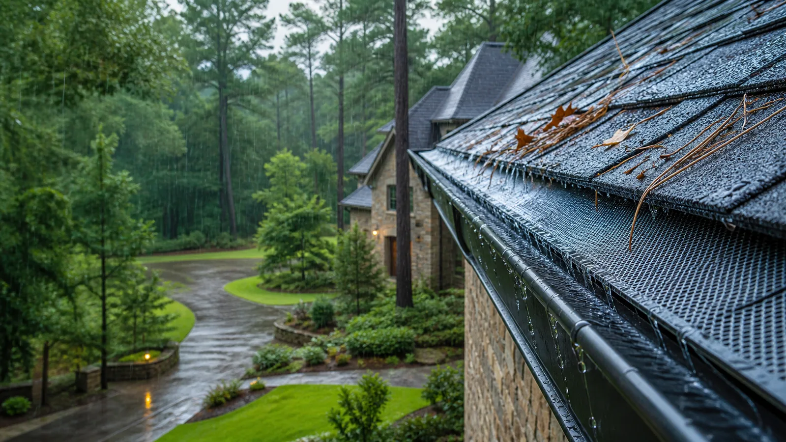 Seamless gutters and gutter guards on a high-value Aledo area home after rain